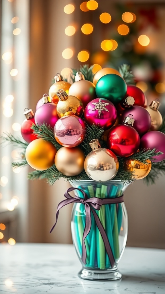 DIY Christmas Ornaments Vase A decorative vase filled with assorted Christmas ornaments, decorated with a ribbon, set against a backdrop of holiday lights.